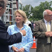 FirstNet Authority Board Chair Edward Horowitz and U.S. Senator Shelley Moore Capito speak at a groundbreaking event in Preston County, West Virginia