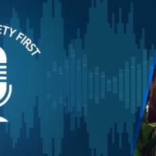 Public Safety First podcast logo; soundwaves; headshot of Maui County Emergency Services Dispatch Coordinator Davlynn Racadio