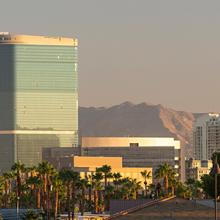 Las Vegas skyline at dusk.