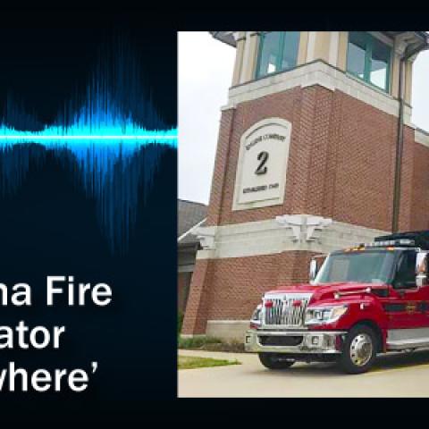 The Public Safety First logo, two Parma Fire fire engines parked in front of a station with a brick facade, and the words "FirstNet gives Parma Fire Comms Coordinator connectivity 'anywhere'