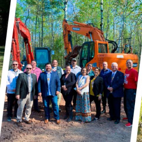 A man standing in front of a compact rapid deployable; a group photo of public safety and FirstNet Authority personnel at the Red Cliffs tower groundbreaking; a crane digging ground
