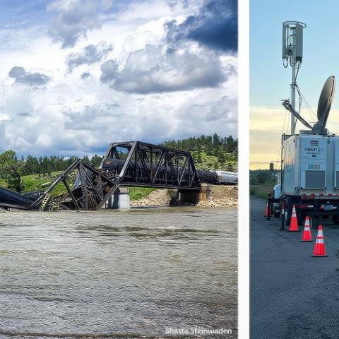 Collapsed bridge and train derailment in the Yellowstone river, “Shasta Steinweden”; FirstNet SatCOLT sits in front of a Stillwater County Disaster and Emergency Services command vehicle at the site of the train derailment. 