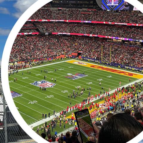 A FirstNet deployable outdoors and enclosed by a wire fence; an aerial view of the Kansas City Chiefs endzone and part of the football field at Super Bowl LVIII; Clark County first responders gathered in the operations center of Super Bowl LVIII