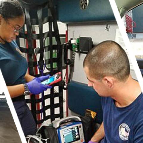 Image 1: In an ambulance, one first responder looks at a tablet and another first responder looks at a monitor connected to a patient.  Image 2: First responder looks at a tablet standing in front of a Junction City Fire Department vehicle.  Image 3: A first responder sitting in the driver’s seat of a vehicle looks at the screen of a tablet. 