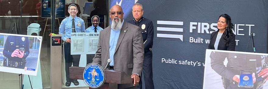 Harry Markley, FirstNet Authority senior public safety advisor for Law Enforcement, speaking at the Los Angeles police department.