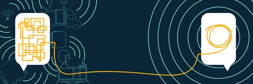Speech bubble with jumbled lines sits in front of line drawings of wifi, high power user equipment, a compact rapid deployable, a cell booster pro, and a satellite cell on light truck. The jumbled lines lead to a second speech bubble where the line is nicely coiled.