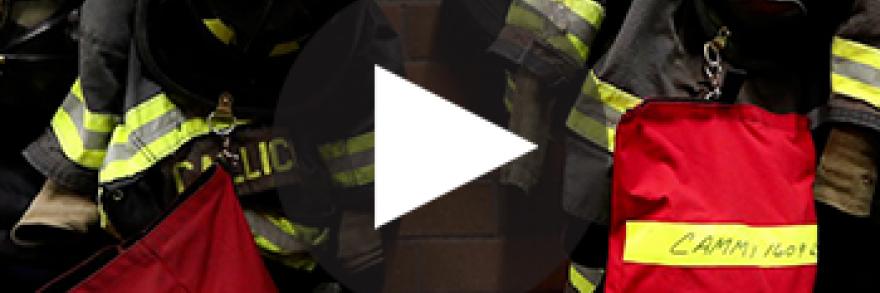 Fire gear hangs on a shelf