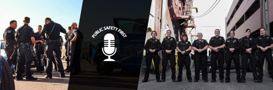 Group of police officers from Casper, Wyoming stand in a group talking; Group of female police officers from Casper, Wyoming stand in a line in alleyway; Public Safety First logo