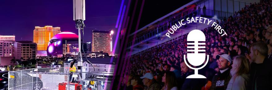 photo left-Las Vegas skyline Nigh time,  photo right- FI crowd in stands , FN Podcast logo