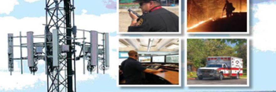 “FirstNet FY 2019 Annual Report to Congress: Connecting Communities”; a law enforcement officer speaks into a cell phone; a firefighter fights a wildfire; a telecommunications professional looks at computer monitors; an ambulance sits parked in front of trees; background image of a FirstNet cell tower 
