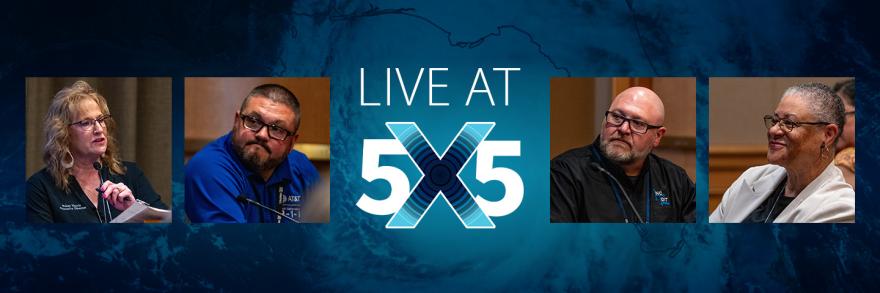  Four panelists — Pokey Harris, Josh Briggs, Tom Rogers, and Renee Gordon — seated and speaking with microphones in front of them “Live at 5x5” with a blue abstract background.