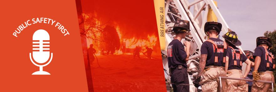  Public Safety First podcast logo; “Public Safety First”; silhouettes of three uniformed firefighters fighting a fire amongst trees; Four firefighters wearing fireman hats and uniforms stand with their back to the camera; “Amherst Fire” visible on the back of their shirts.