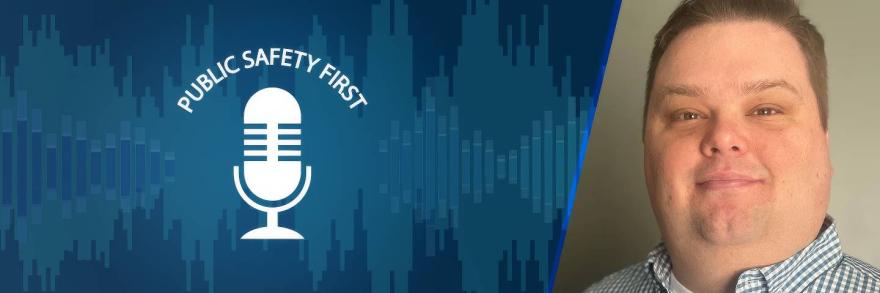 Public Safety First podcast logo; soundwaves; headshot of Trevin Hunter of Louisville Metro Emergency Services in Kentucky   