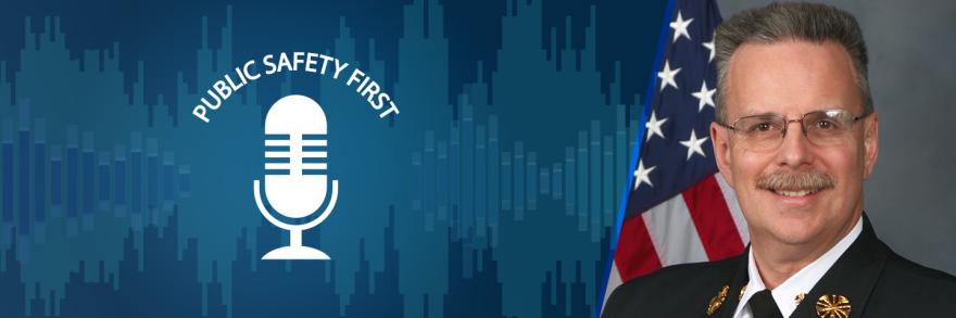 Public Safety First podcast logo; soundwaves; headshot of Chesterfield County Fire & EMS Chief Loy Senter