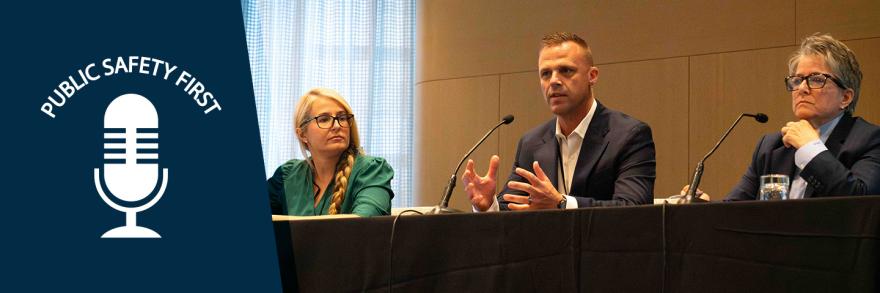 Public Safety First podcast logo; Dr. Kristen Wheldon, Assistant Chief Patrick Fale, and Undersheriff Sylvia Moir discuss wellness during a panel at 5x5 in Chicago.