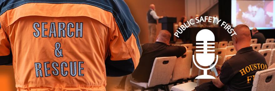 Search & Rescue jacket; attendees at 5x5: The Public Safety Innovation Summit listening to the Clearing the Air panel; Public Safety First podcast logo