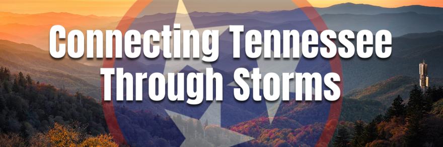 Emblem from Tennessee flag, Tennessee mountains, a cell tower 