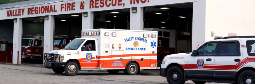 An ambulance drives out of the bay at Valley Regional Fire and Rescue