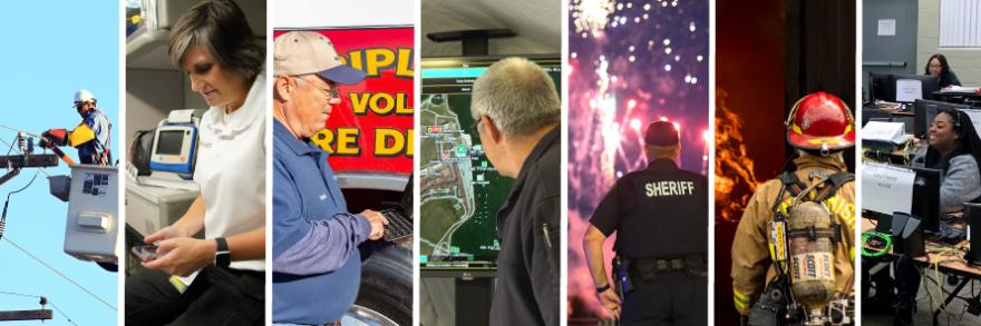 Electrical worker fixing telephone wire; EMS worker using smartphone in the back of an ambulance; volunteer fireman using tablet in front of fire engine; emergency manager looking at a map on a screen; sheriff watching fireworks; firefighter; 9-1-1 operator sitting at a computer