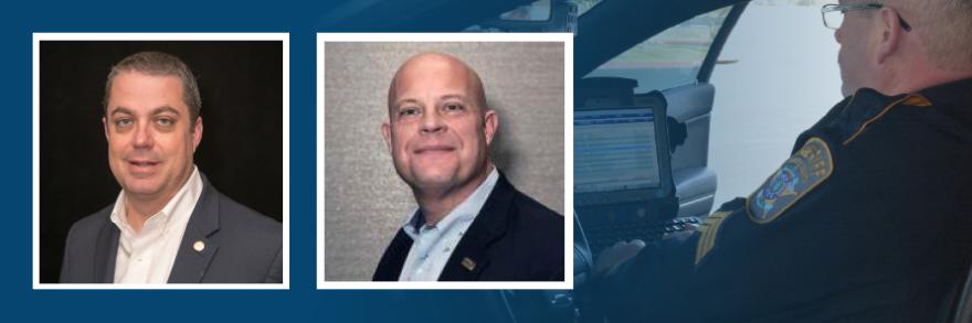 Headshots of Todd Early and Jonathan Olson; sheriff’s deputy using a laptop inside of a parked patrol car