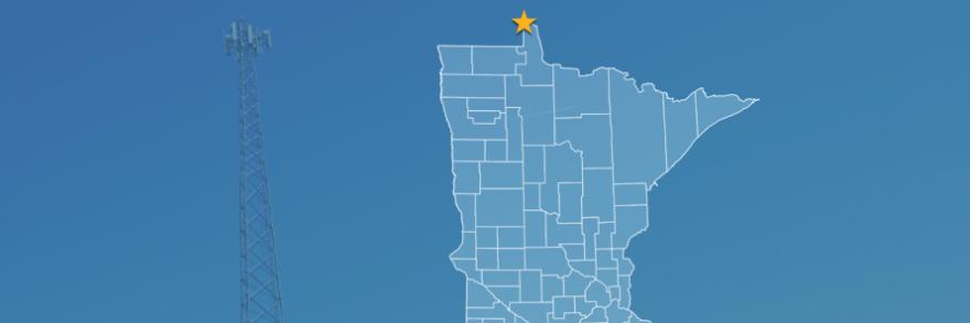 State of Minnesota with counties outlined; a star locating Angle Inlet, a cell tower
