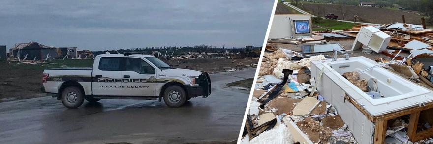 Douglas County Sheriff’s Office truck parked on the road surrounded by tornado debris. A bathtub in the rubble of a home after a tornado