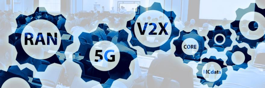 Photo of a 3GPP meeting room with people sitting at tables and working on computers, overlaid with gear icons and wireless network terminology: RAN, 5G, V2X, Core, MCdata.