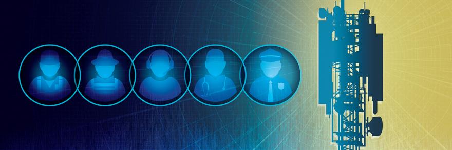 Five icons representing public safety disciplines, a tower backlight by rays of light and networking lines