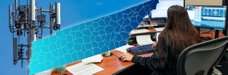 Cell tower; outline of the state of Tennessee; a 9-1-1 telecommunicator at her workstation
