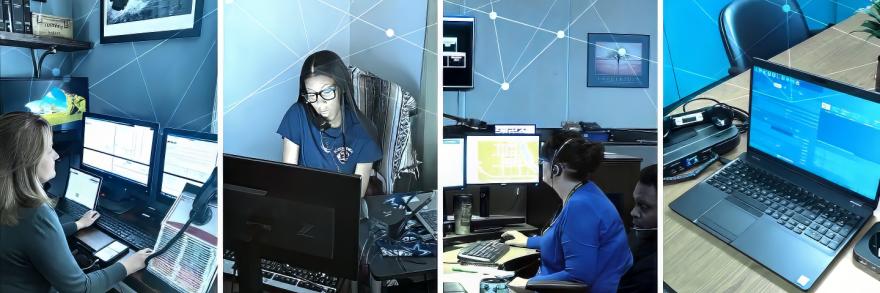 An emergency telecommunicator seated at a desk, working remotely; an emergency telecommunicator on a phone call at her desk, working remotely; an emergency telecommunicator working at her desk at an emergency communications center; a laptop sitting on a desk.