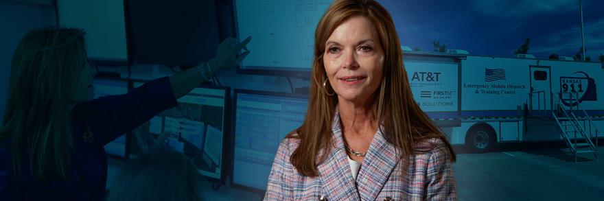 Michele Abbott speaking during an interview overlayed in front of a FirstNet mobile command unit interior on the left and exterior on the right. 