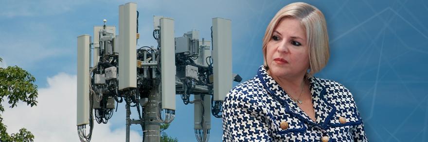 A cell tower surrounded by trees; an abstract illustration of lines; a headshot of FirstNet Authority Board Member Alexandra Fernández Navarro.