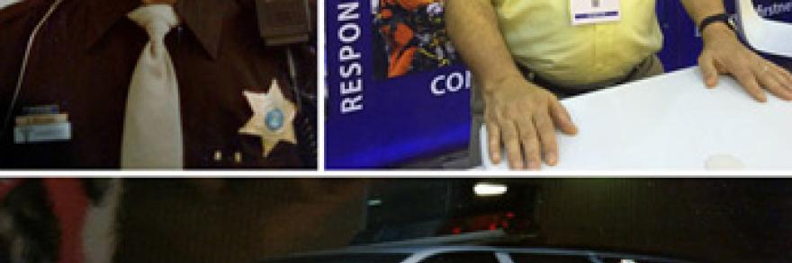 Three imaes:Young Brent Williams in uniform, Brent Williams manning a FirstNet exhibit booth, an Ingham County (MI) Sheriff’s Office paramedics vehicle 