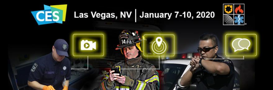 CES logo, FirstNet Authority watermark, "Las Vegas, NV | January 7-10, 2020," EMS technician, firefighter and police officer use various devices