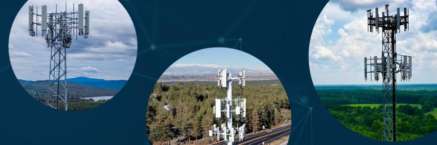 An interconnected network backdrop with three images of FirstNet towers, including a tower overlooking mountains, forest and a lake; a tower situated near a road and forest; and a FirstNet tower near a green open field surrounded by a dense forest.