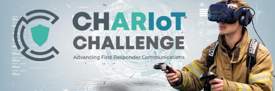 CHARIoT Challenge logo; firefighter in turnout gear wears virtual reality goggles; technology elements 