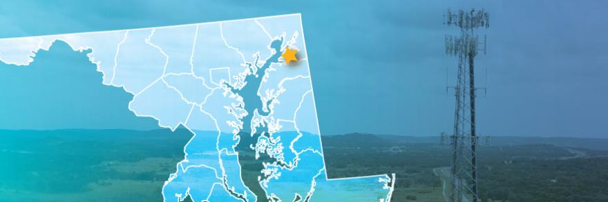 The state of Maryland, with outlined county borders; a cell tower