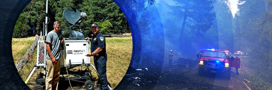 Split image with first responders standing in front of a FirstNet Compact Rapid Deployable and firefighters responding to an automobile accident in a forest.
