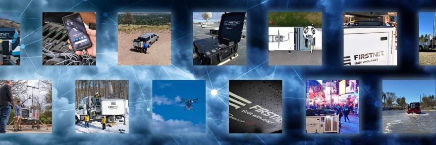 A sky backdrop overlaid with connected lines and images depicting FirstNet deployable assets, including a flying Cell on Wheels, a FirstNet device cache, a compact rapid deployable hitched to an SUV, mini-compact rapid deployables, Satellite Cells on Light Trucks, a Cell on Wheels, a compact rapid deployable in a wooded area, a compact rapid deployable in Times Square, and a compact rapid deployable on an amphibious vehicle traveling across water.  