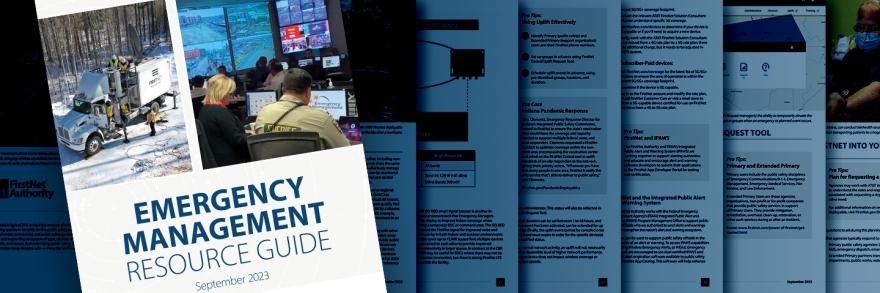 “Emergency Management Resource Guide, September 2023” Cover of the Guide with public safety officials in front of workstations and screens and a SatCOLT with officials in a snowy backdrop. Greyed out pages of guide