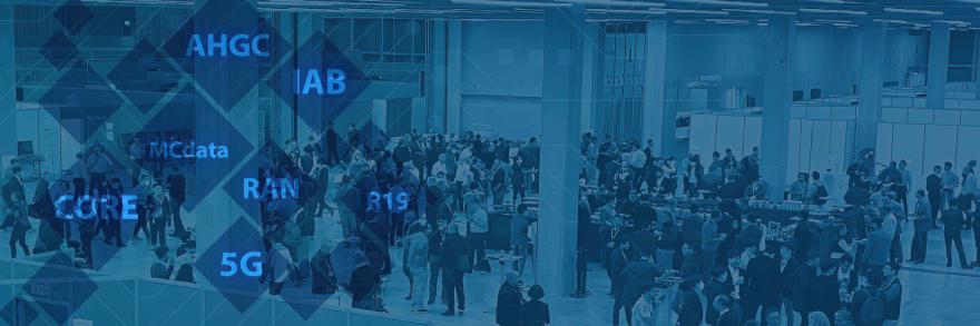 An illustration depicting technology and connection with acronyms including “AHGC,” “IAB,” “MCdata,” “RAN,” “R19,” “CORE,” and “5G”; A large group of people at a 3GPP conference