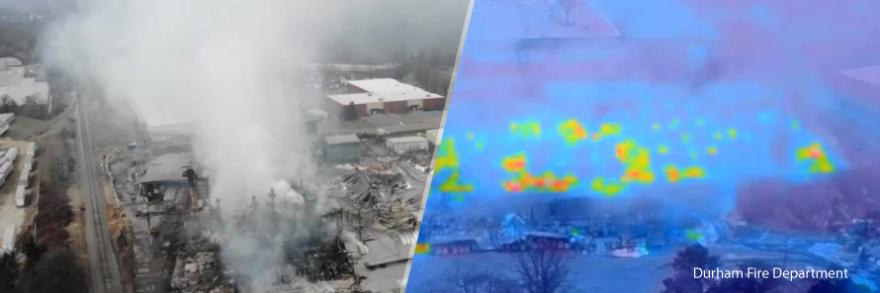 An aerial view of an industrial building ravaged by a fire and the drone footage of the wreckage showing a heat map; "Durham Fire Department"