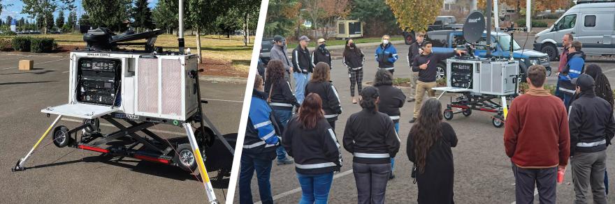 A FirstNet CRD; A group of Oregon public safety personnel going over the functionality of a FirstNet CRD for an earthquake disaster drill.