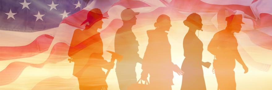 Silhouette of five first responders representing the fire service, emergency management, EMS, 9-1-1, and law enforcement. Background of the American flag.