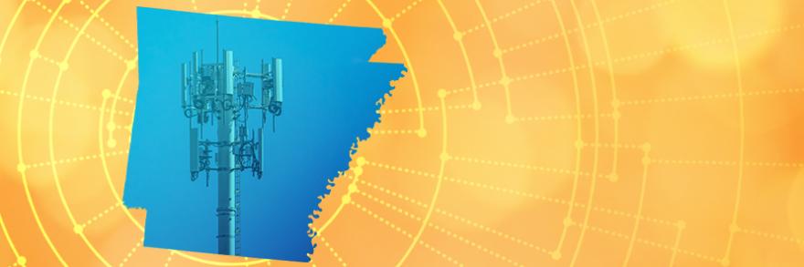 The silhouette of the State of Arkansas revealing a cell tower inside; radiating connectivity illustration