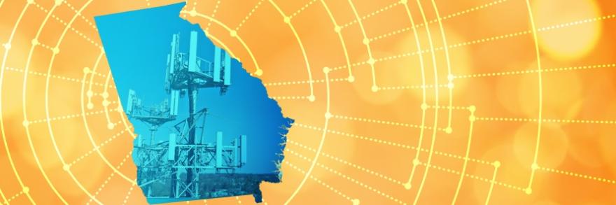 The silhouette of the State of Georgia revealing a cell tower inside; radiating connectivity illustration