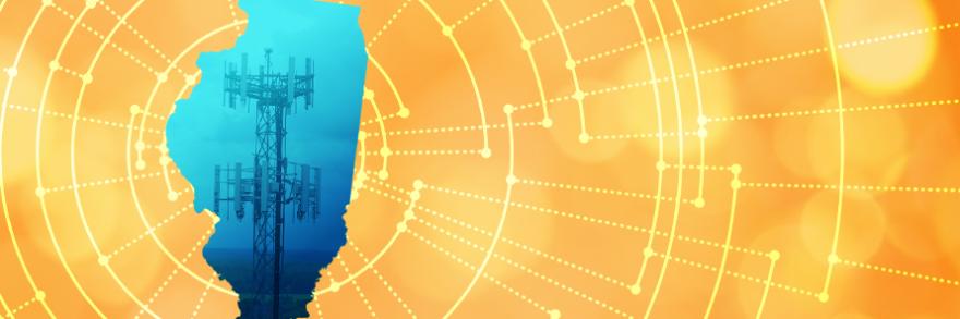 The silhouette of the State of Illinois revealing a cell tower inside; radiating connectivity illustration