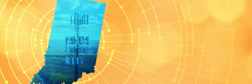 The silhouette of the State of Indiana revealing a cell tower inside; radiating connectivity illustration