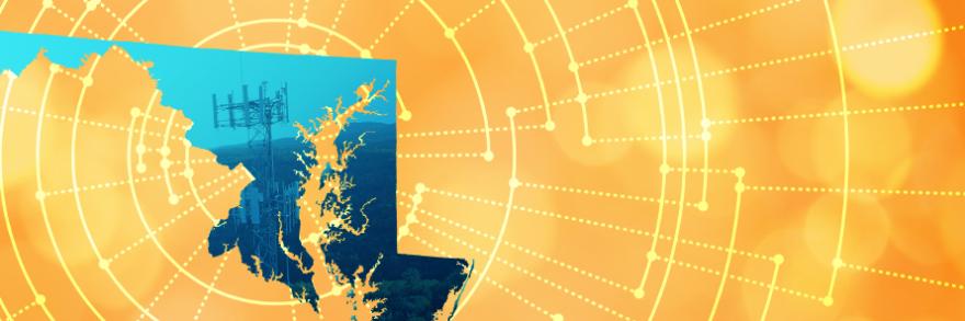 The silhouette of the State of Maryland revealing a cell tower inside; radiating connectivity illustration