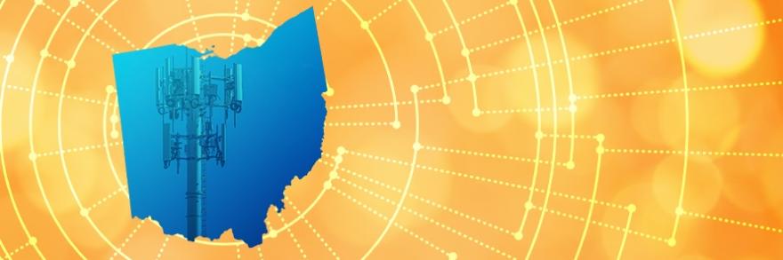 The silhouette of the State of Ohio revealing a cell tower inside; radiating connectivity illustration